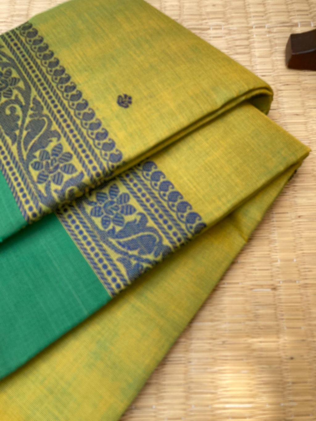 Woven Buttas on Kanchi Cottons - Mustard mixed Green