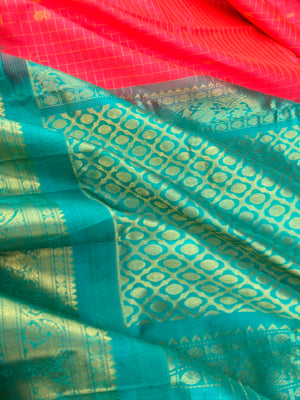 Korvai Silk Cotton - kanakambaram pink and teal zari kattam