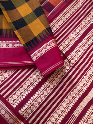 Mira - Our Exclusive Cotton body with Pure Silk Korvai Borders - most beautiful most traditional mustard and black kandangi chex woven body with maroon borders