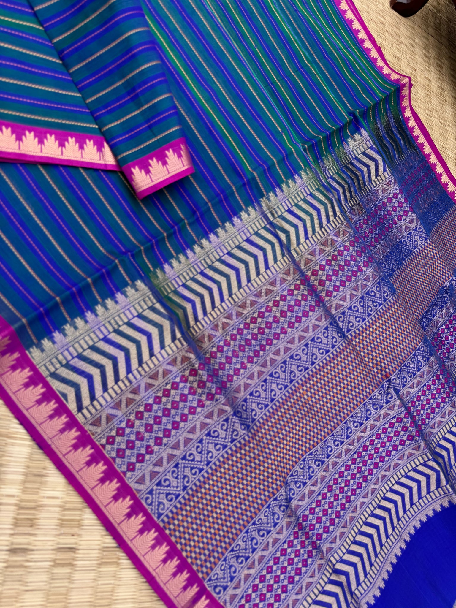 Woven Motifs Silk Cotton - stunning peacock blue green muthu veldhari for people who love small borders