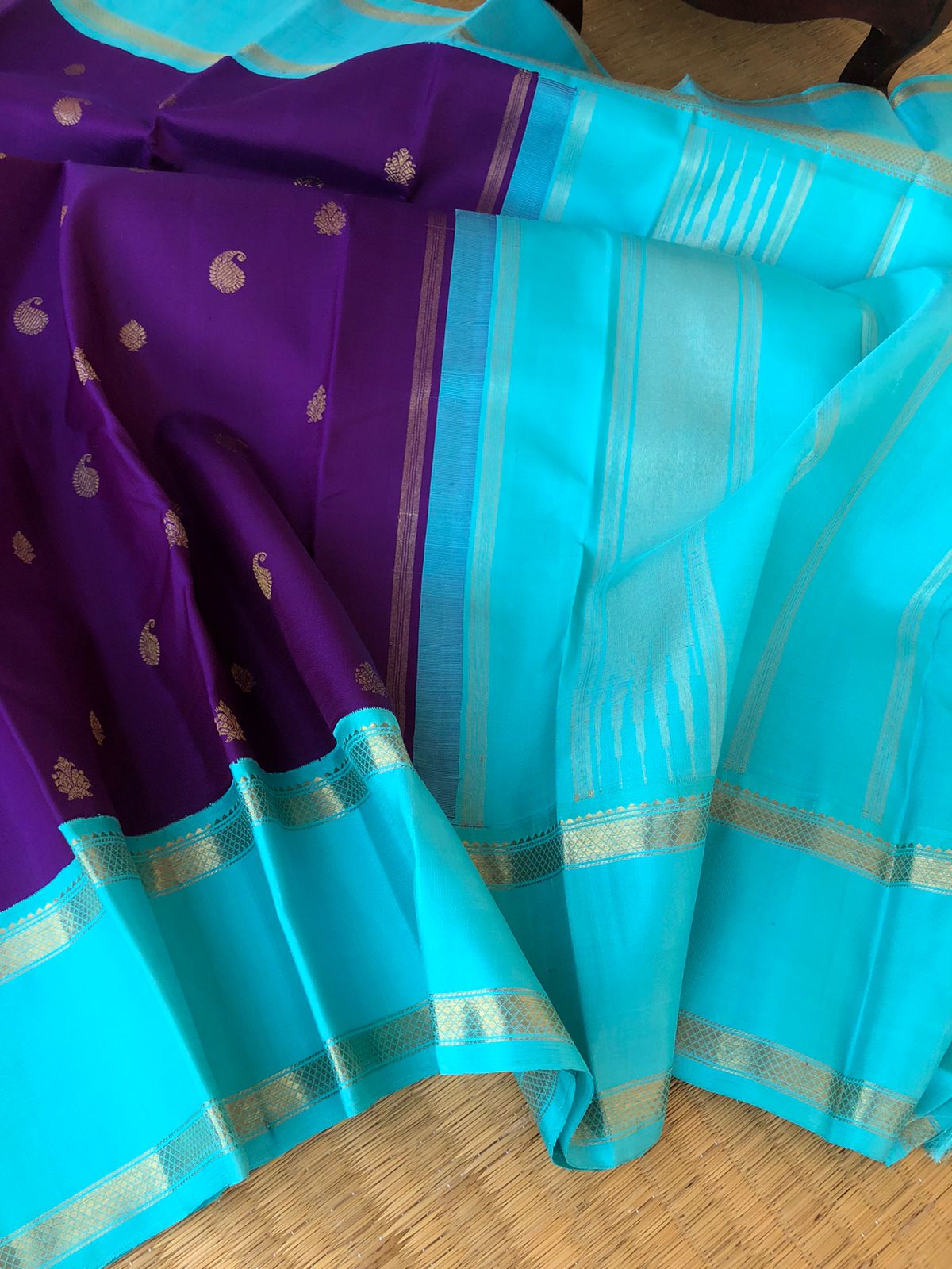Meenakshi Kalayanam - Authentic Korvai Kanchivarams - deep dark violet blue and ice blue with retta pett woven borders