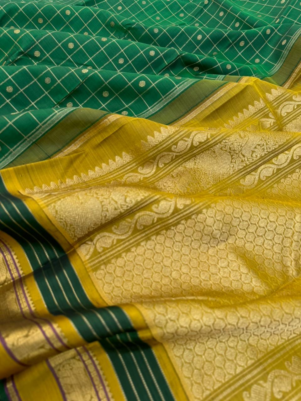 Kanchivaram Trunk - a stunning green and fenugreek mustard kattam and butta woven Kanchivaram