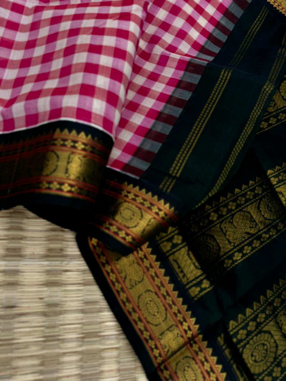 Korvai Silk Cottons - pink and cream kattam with deep forest green Pallu and blouse