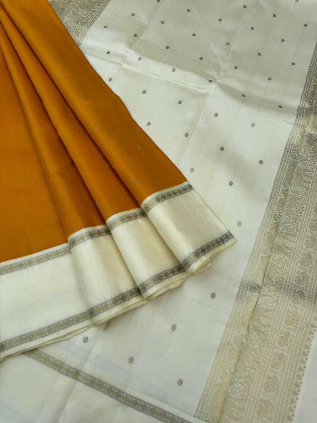 The Korvai Vibes - Authentic Korvai Kanchivaram - the classic mustard and off white with rudurakasham woven borders