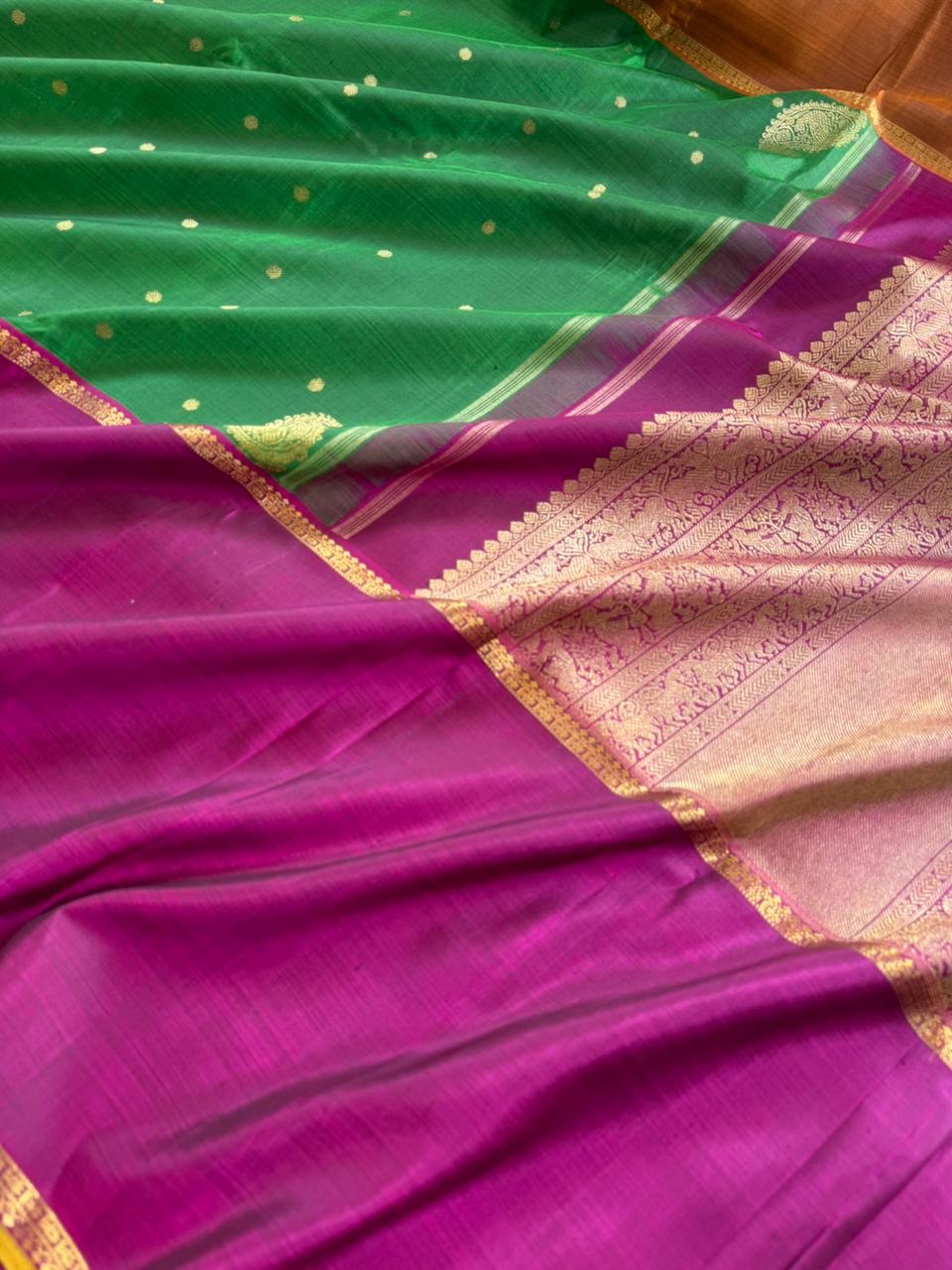 Tasteful Tall Border Kanchivarams - stunning Meenakshi green mubbagam with Ganga jammuna woven borders