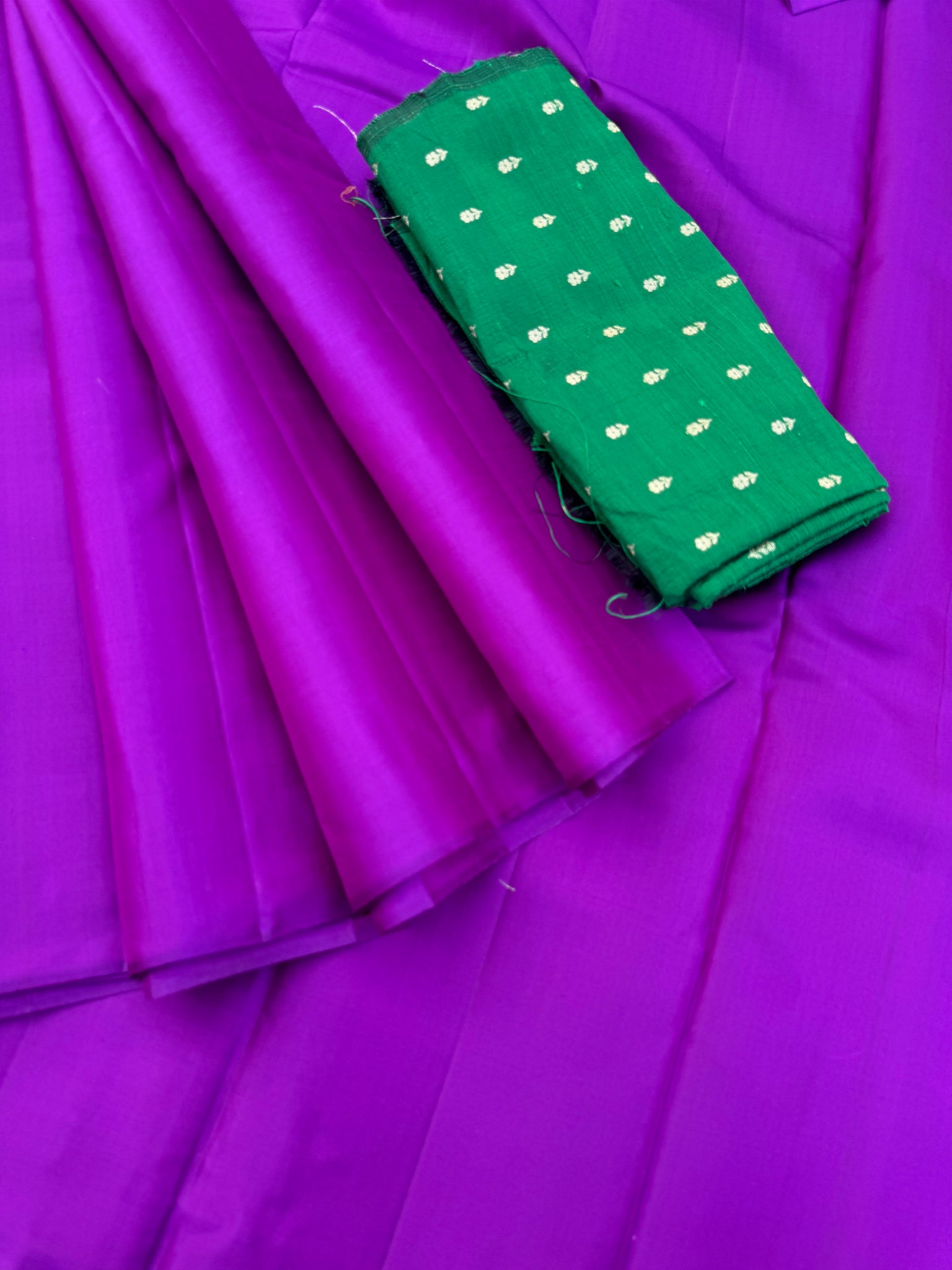 Niram - Celebrating of Full Plain Kanchivaram Silks Paired with Beautiful Blouses - stunning purple with bottle green raw silk blouse