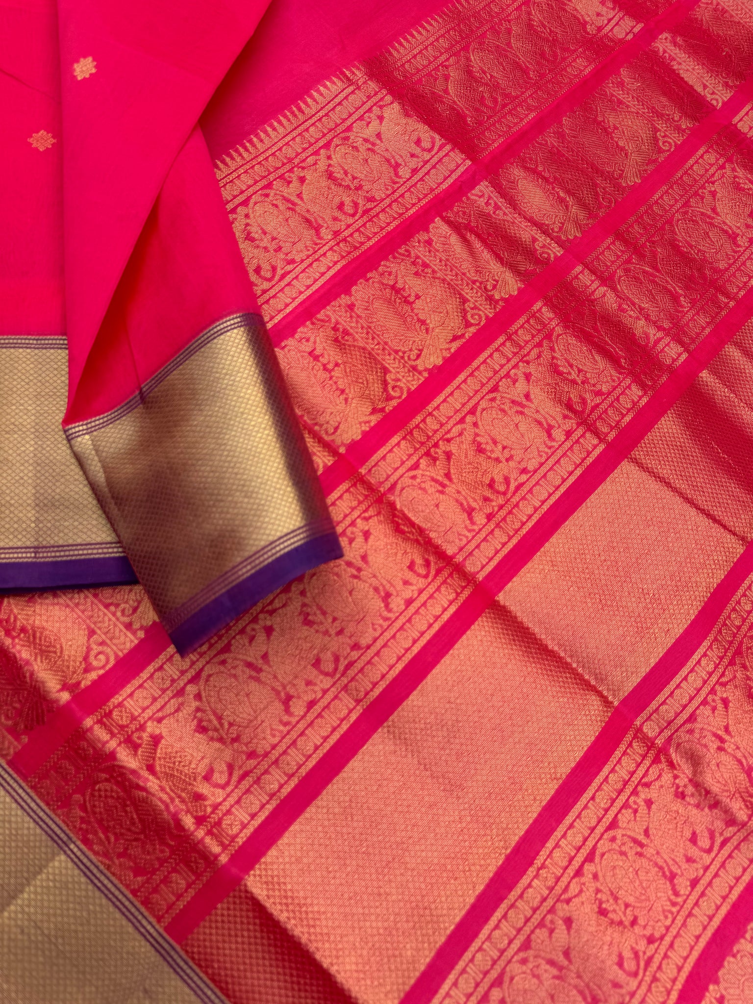 Zari Kissed Silk Cotton - shocking pink corner buttas