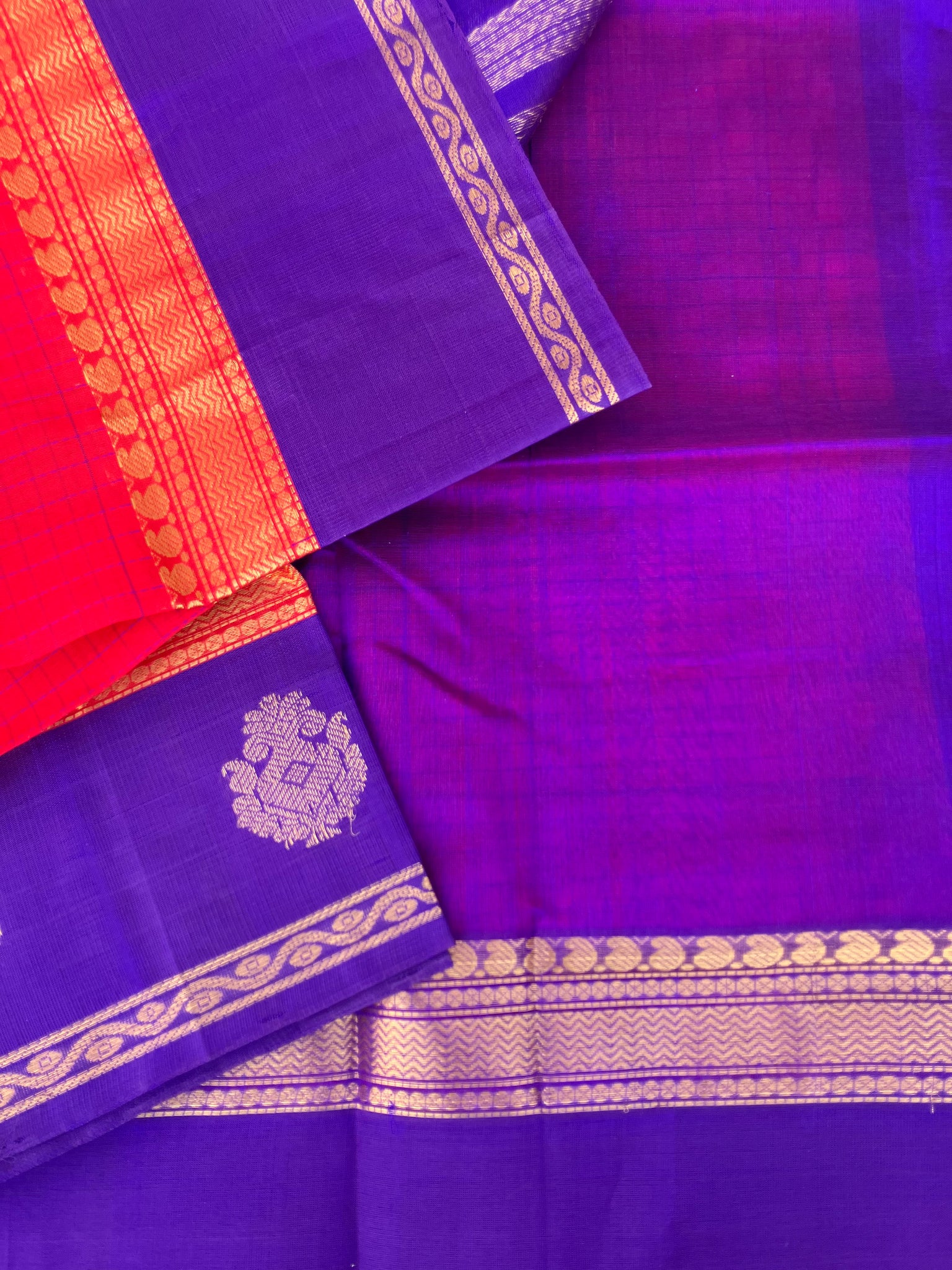 Korvai Silk Cotton - deep chilly red and violet border buttas and body chex