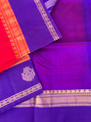Korvai Silk Cotton - deep chilly red and violet border buttas and body chex
