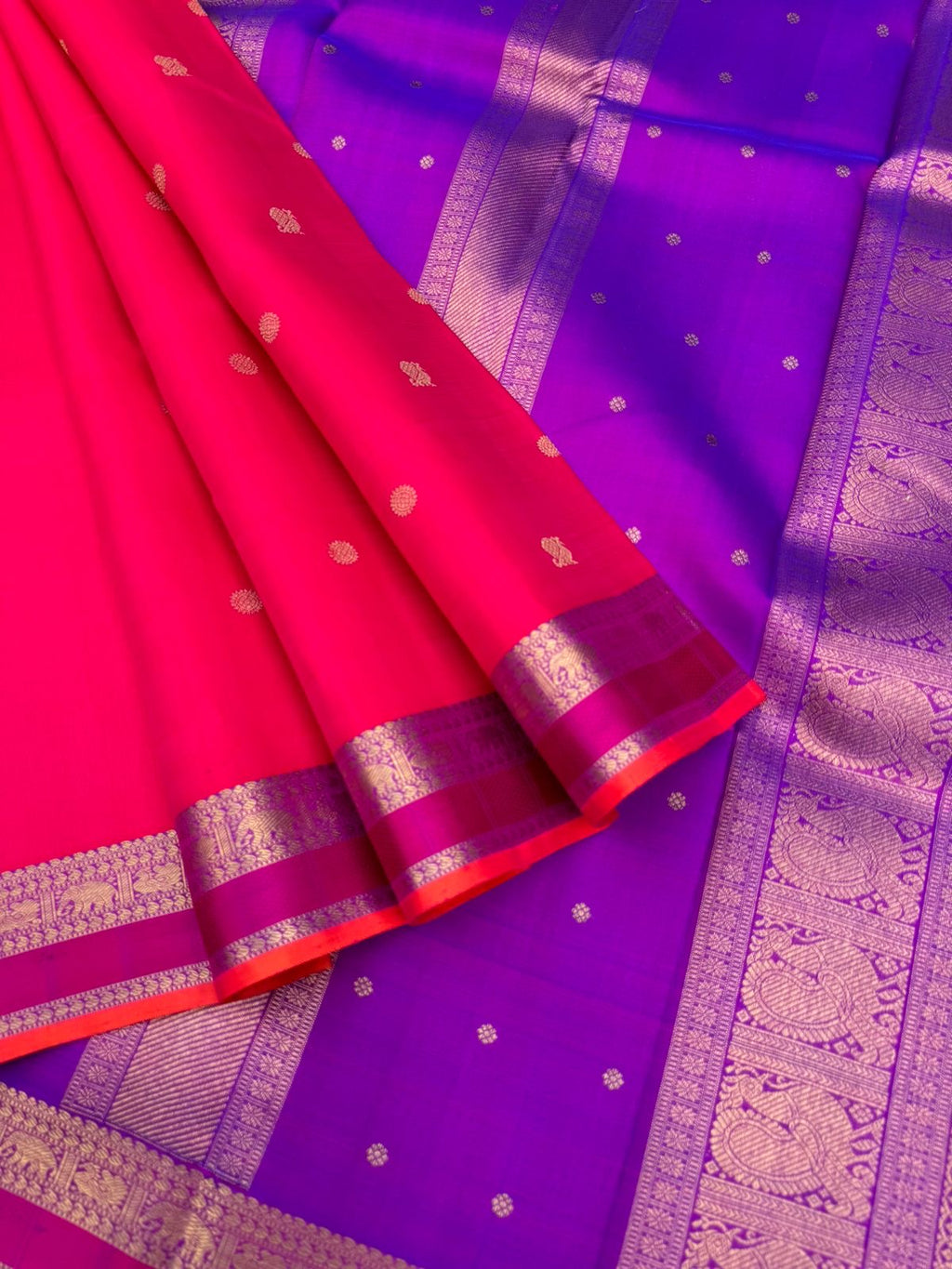 Visalakshi - a stunning pink and violet silk and zari woven borders
