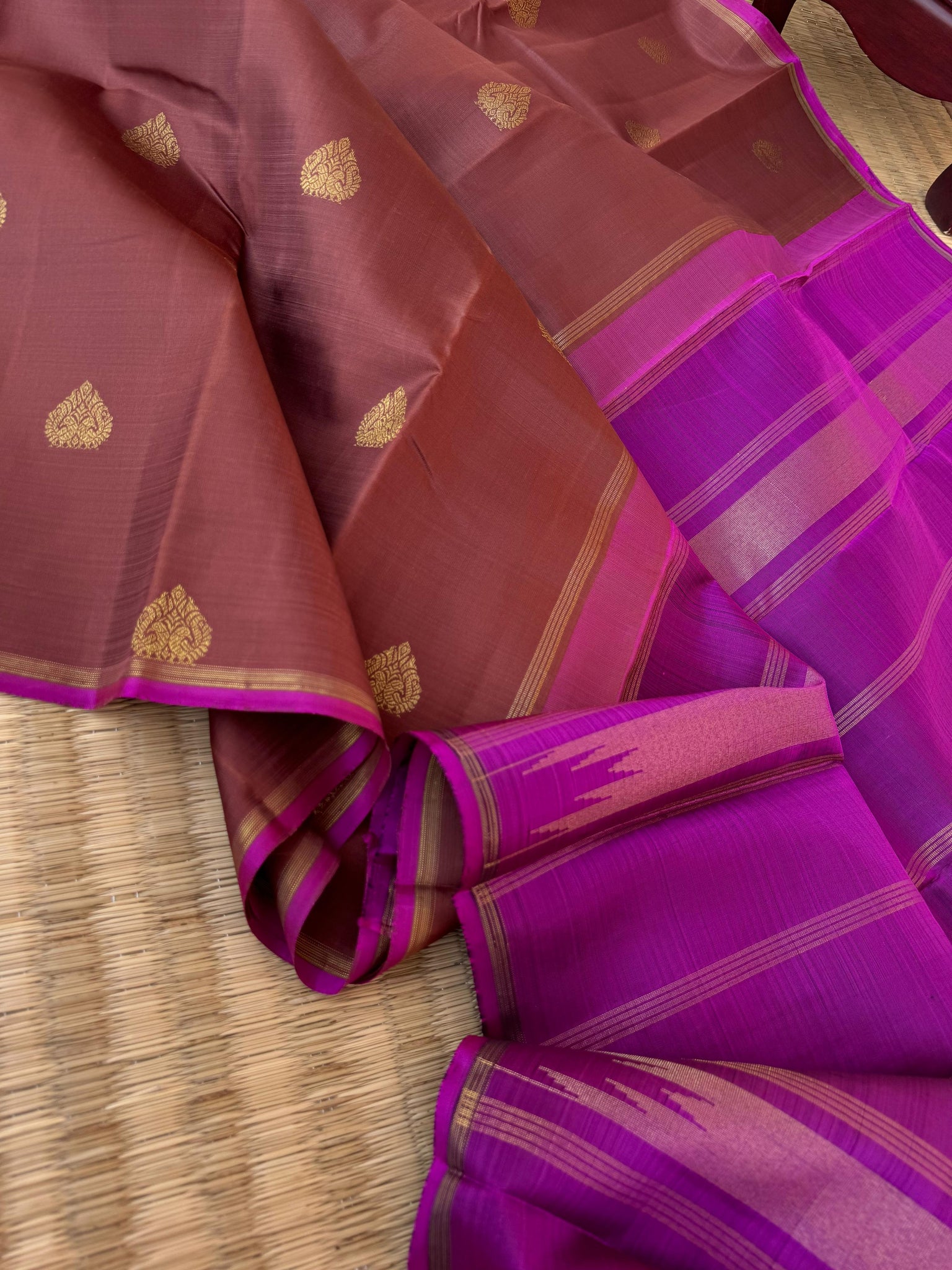 Molten Metallic Kanchivaram - Limited Edition | earthy brown and majentha borderless Kanchivaram with majenta buttas woven blouse