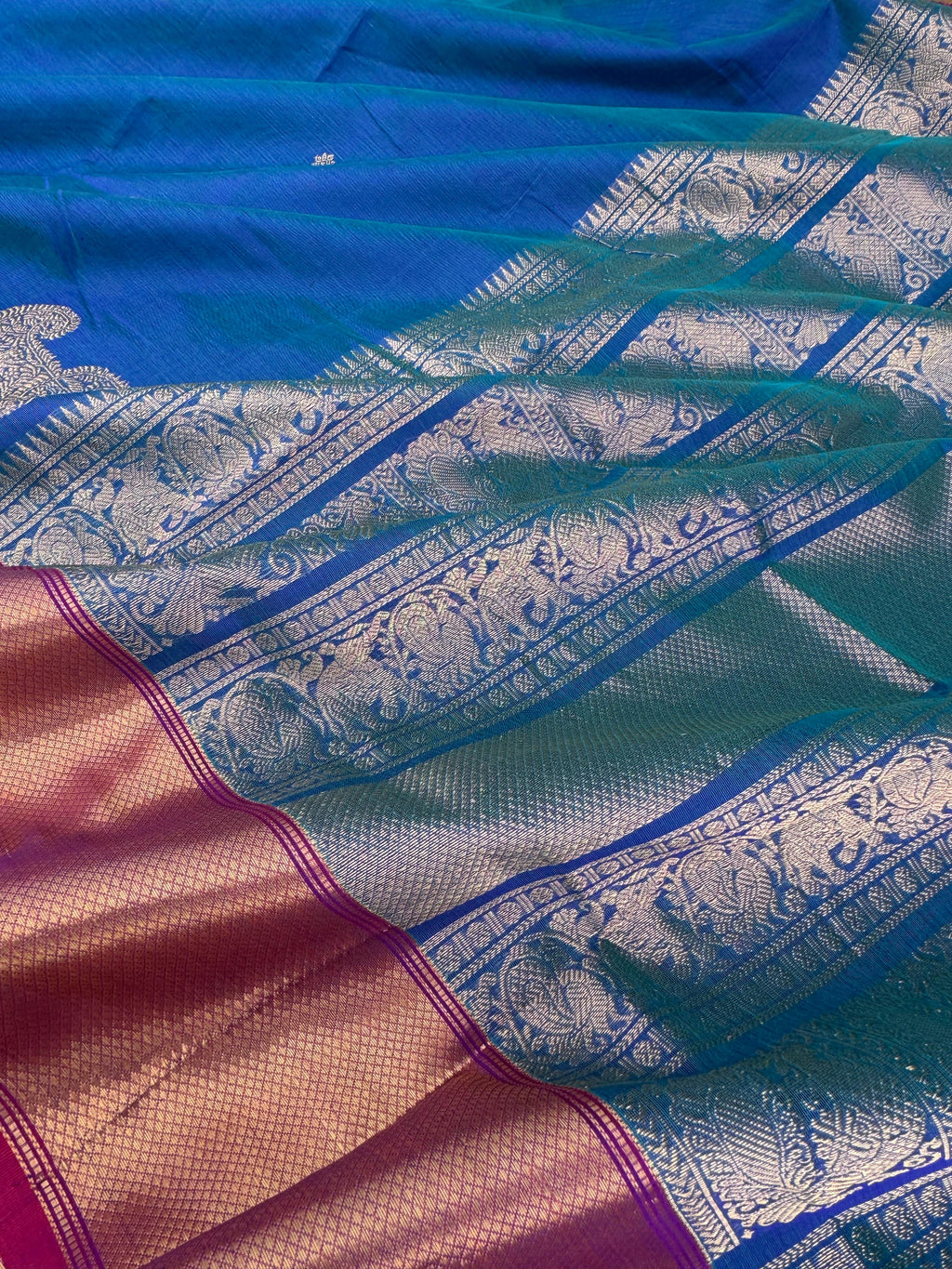 Zari Kissed Silk Cotton - stunning blue with corner buttas with solid getti borders