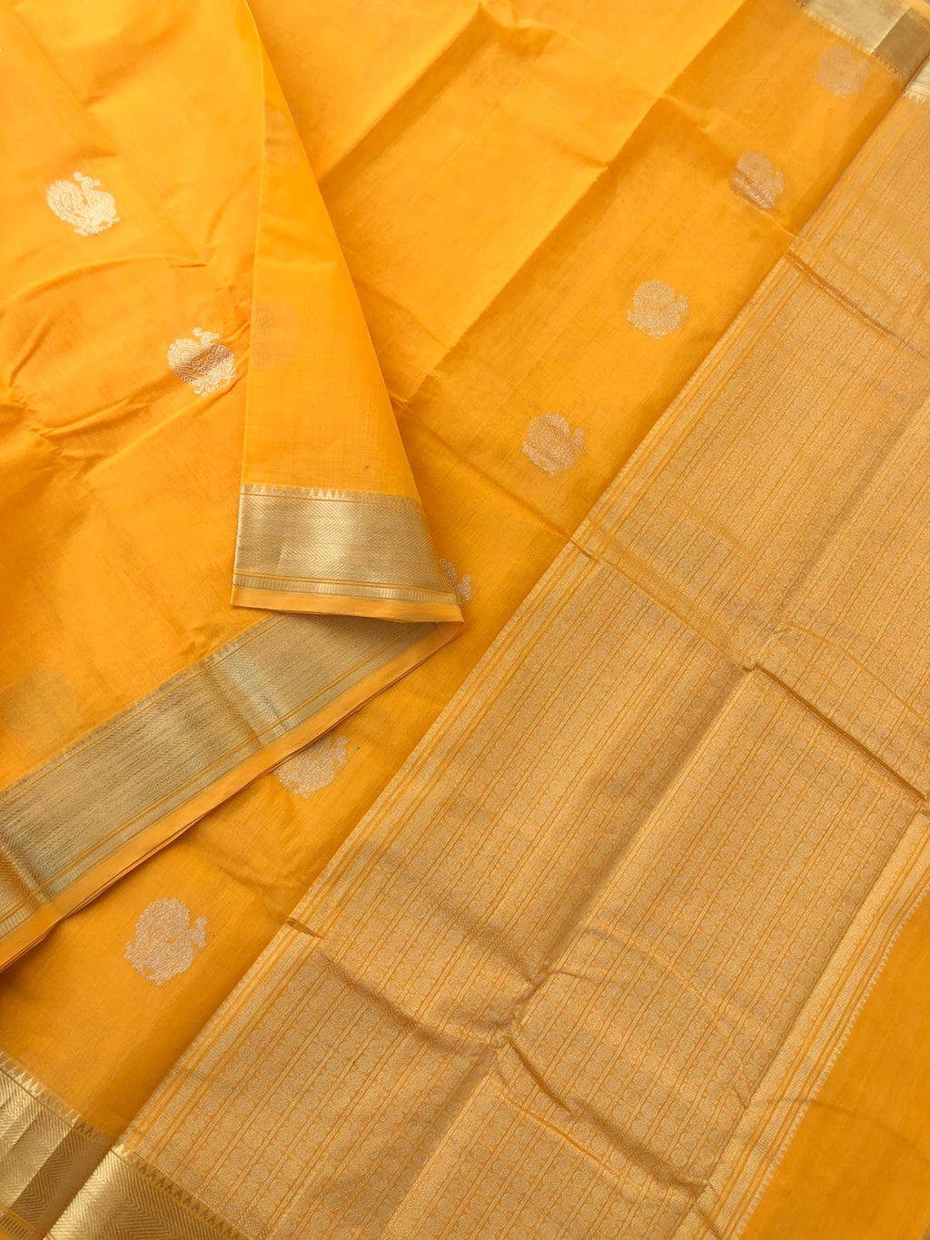 Mangalavastaram - Zari Touched - golden mustard annapakshi woven buttas