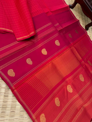 Uniquely Woven Kanchivarams - stunning red muthu kattam with unusual woven longa pallu