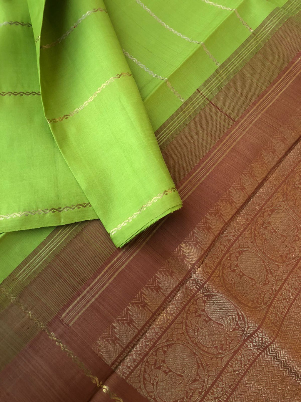 Vintage Ragas on Kanchivaram - fresh apple green veldhari woven body with rust chocolate brown pallu and blouse