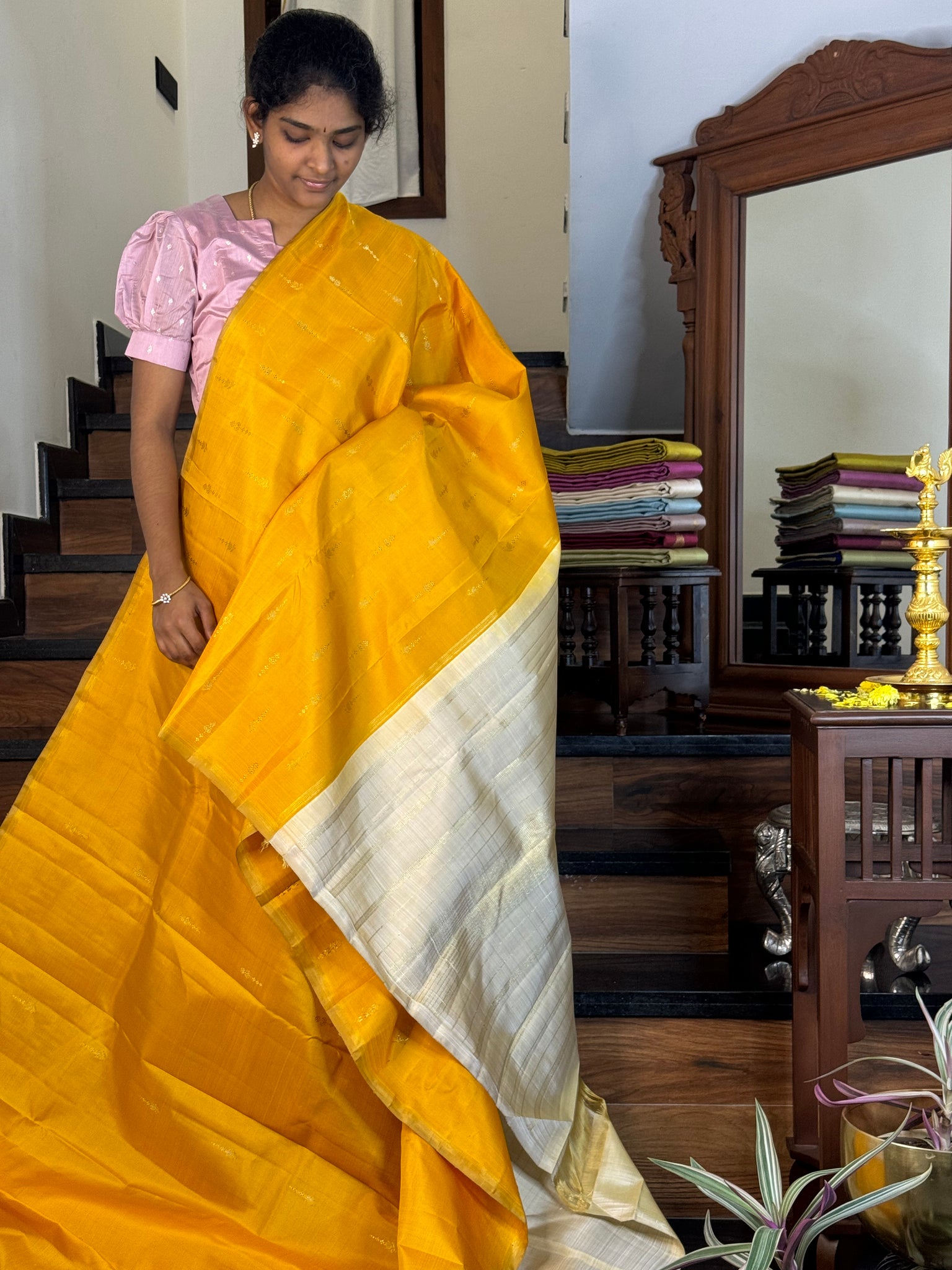 Mohaa - Beautiful Borderless Kanchivaram - a stunning golden mustard ivory