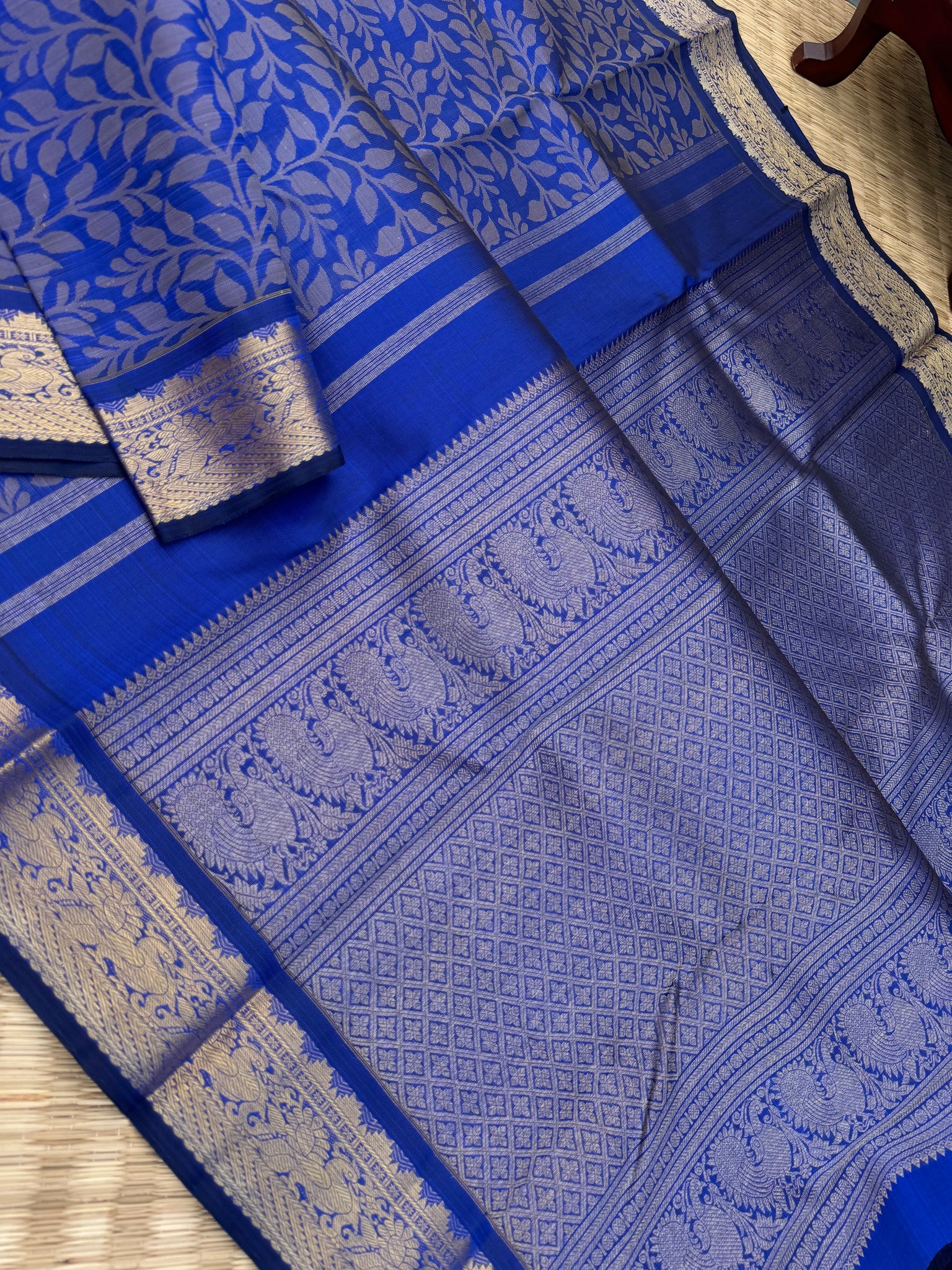 Haritham - Heirloom Yarn Play on Kanchivaram - stunning royal blue with full body woven leaves with gold zari woven borders and pallu