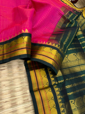 Korvai Silk Cottons - pink and Meenakshi green zari kattam