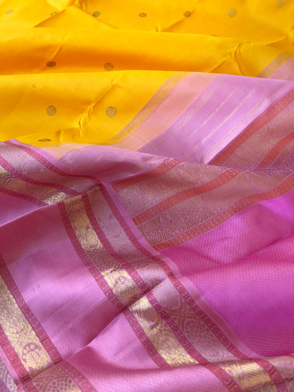 Meenakshi Kalayanam - Authentic Korvai Kanchivarams - gorgeous golden yellow and dusky pink