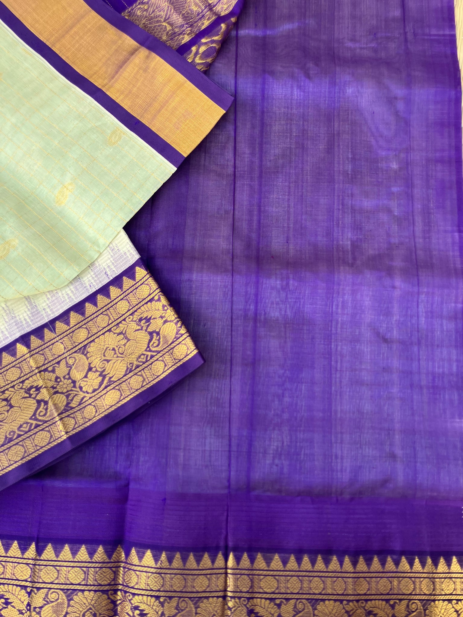 Korvai Silk Cotton - pista ice cream and violet zari kattam