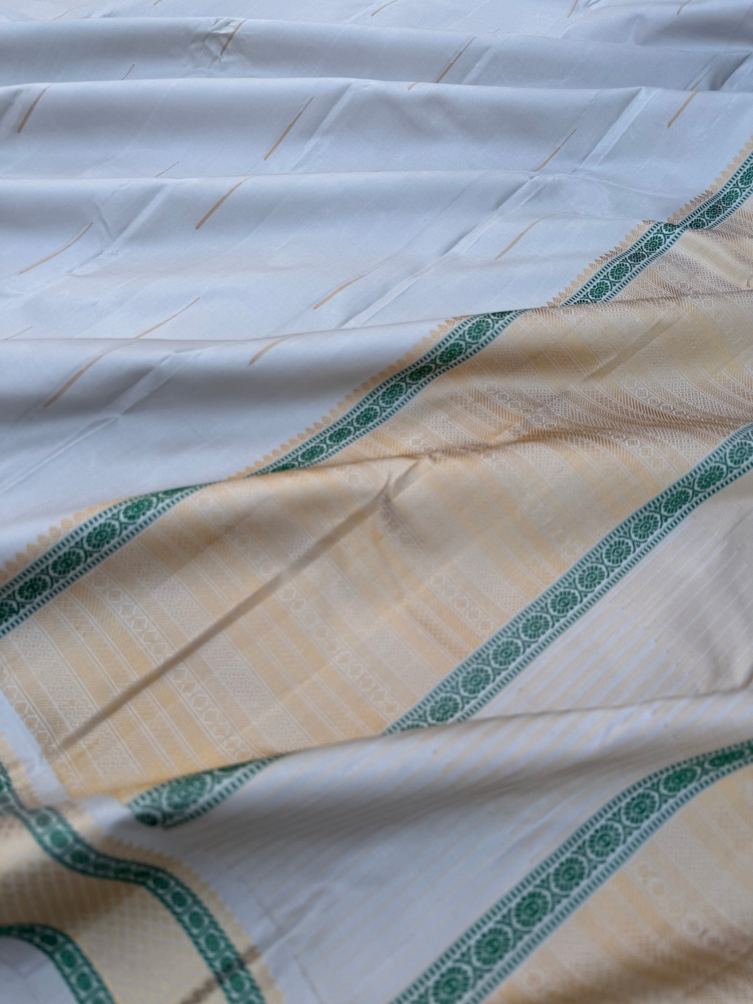Woven from Memories - Stunning No Zari Kanchivarams - a beautiful pastel silver grey rain drops woven buttas for people who love small borders