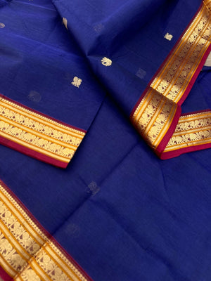 Dark Edition on Zari Kissed Silk Cotton - dark deep blue with one row of parrot woven buttas in the junction of pallu and blouse