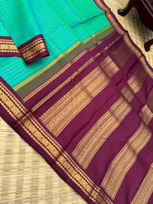 Vintage Ragas on Kanchivaram - beautiful dual tone aqua blue green zari kattam woven body with vintage aadai woven burgundy tone borders