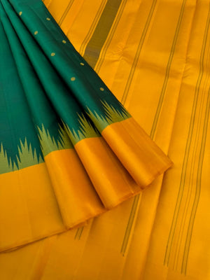 Rarest Korvai Kanchivaram - the best of best Meenakshi green and mustard with tiny buttas woven body