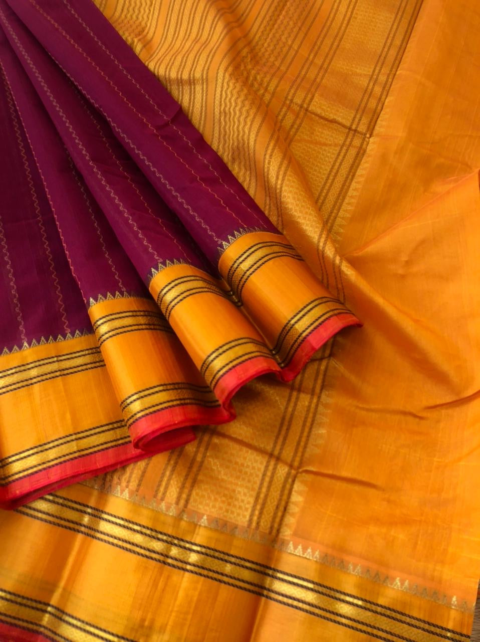 Cotton Body with Pure Silk Borders - deep aaraku maroon and mustard