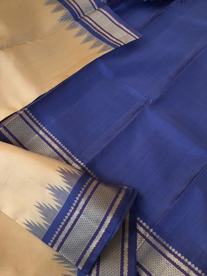 Sahasra - perfect sandal off white with bluish grey no zari korvai Kanchivaram with mayil kann motifs woven borders