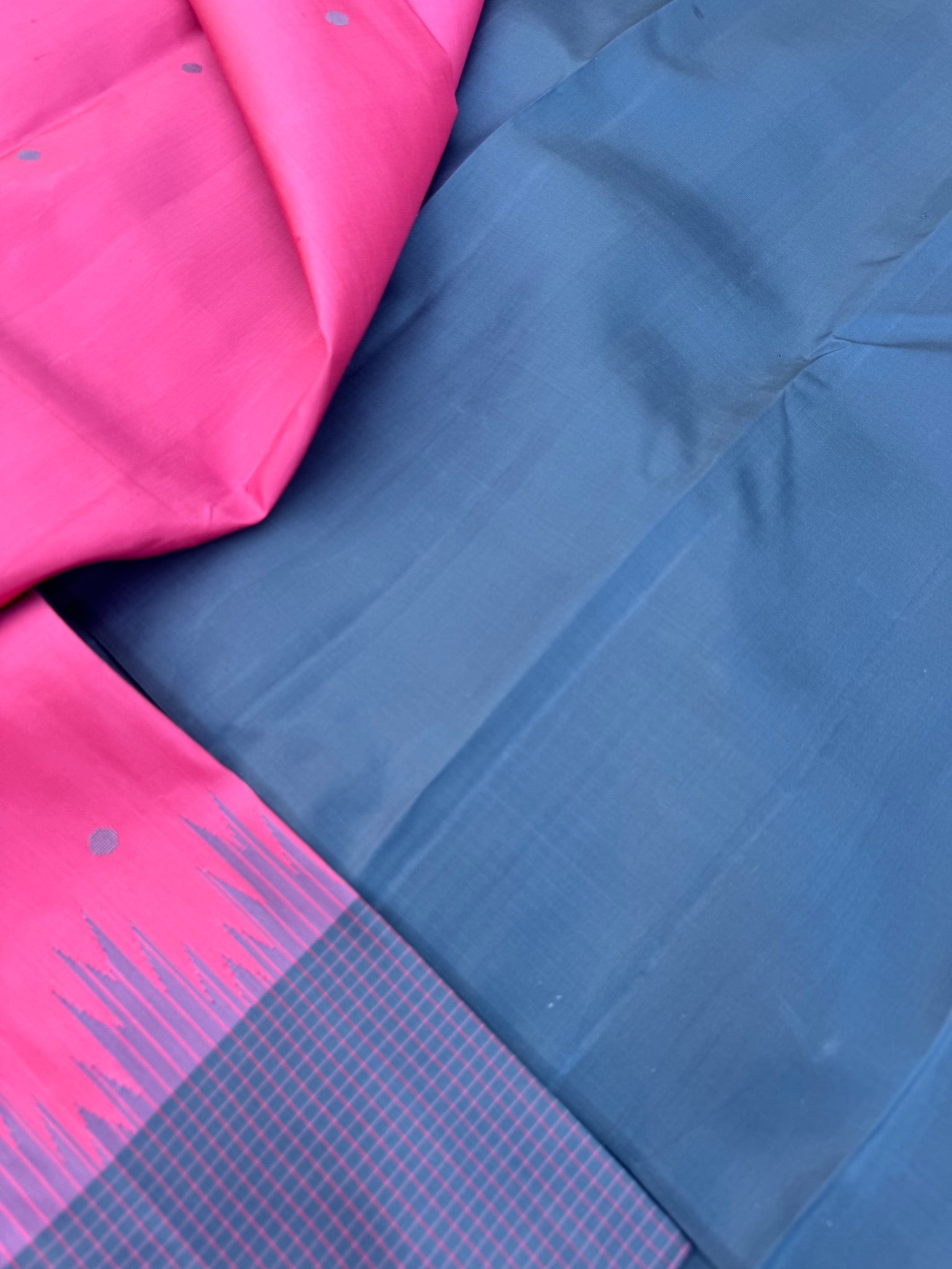Ekatara - The Rarest Kai Korvai Kanchivarams - a stunning candy pink and bluish grey with chex borders and buttas woven body