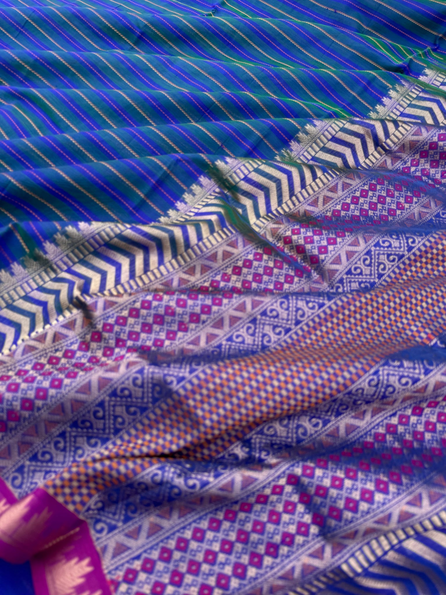 Woven Motifs Silk Cotton - stunning peacock blue green muthu veldhari for people who love small borders