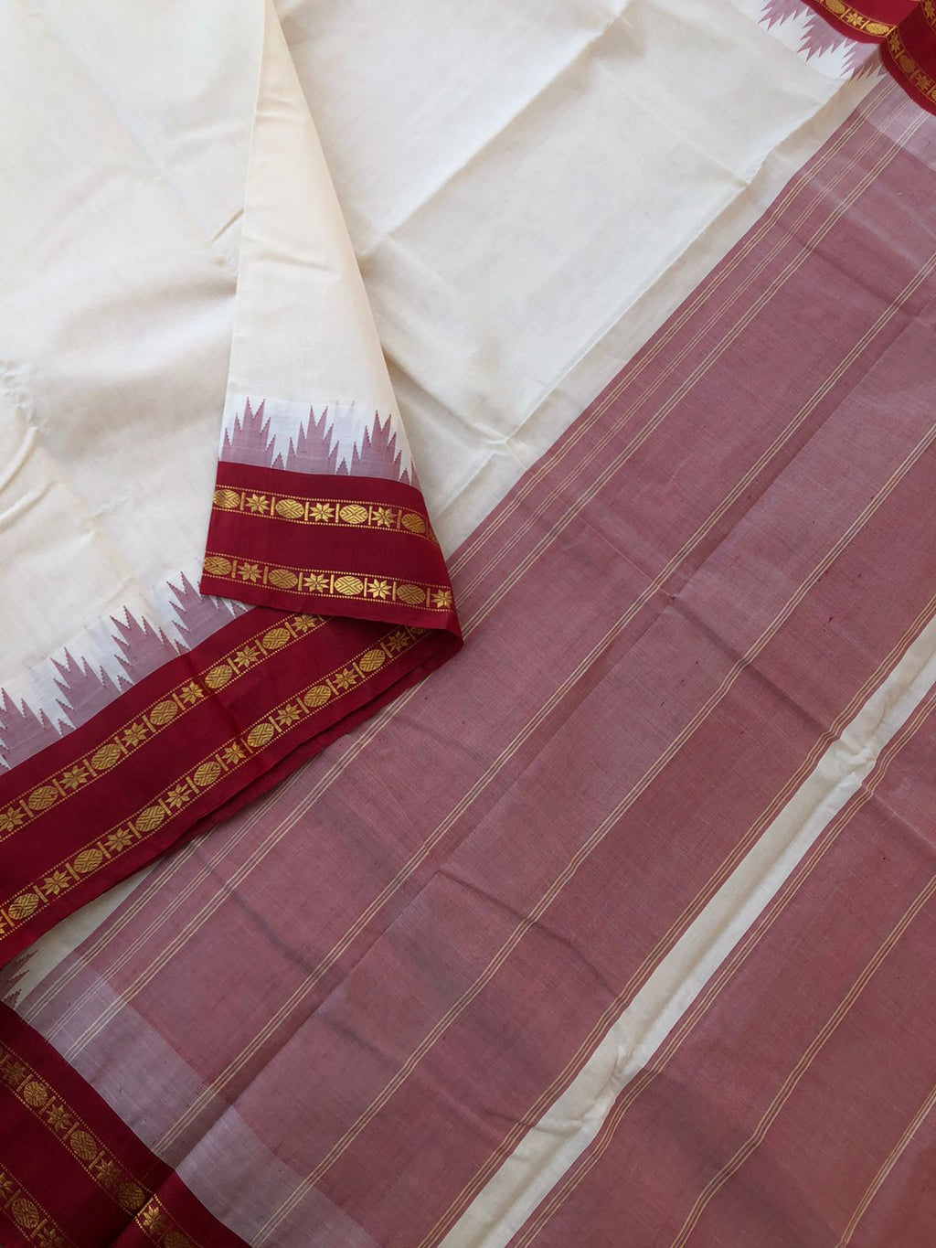 Cotton body with Pure Silk Double Side Korvai Borders - deep drak maroon borders with off white body