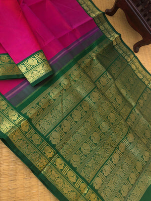 Vintage Ragas on Kanchivaram - the most beautiful Indian pink and kum kum pink woven together with annapakshi and jada nagam woven Meenakshi green korvai borders