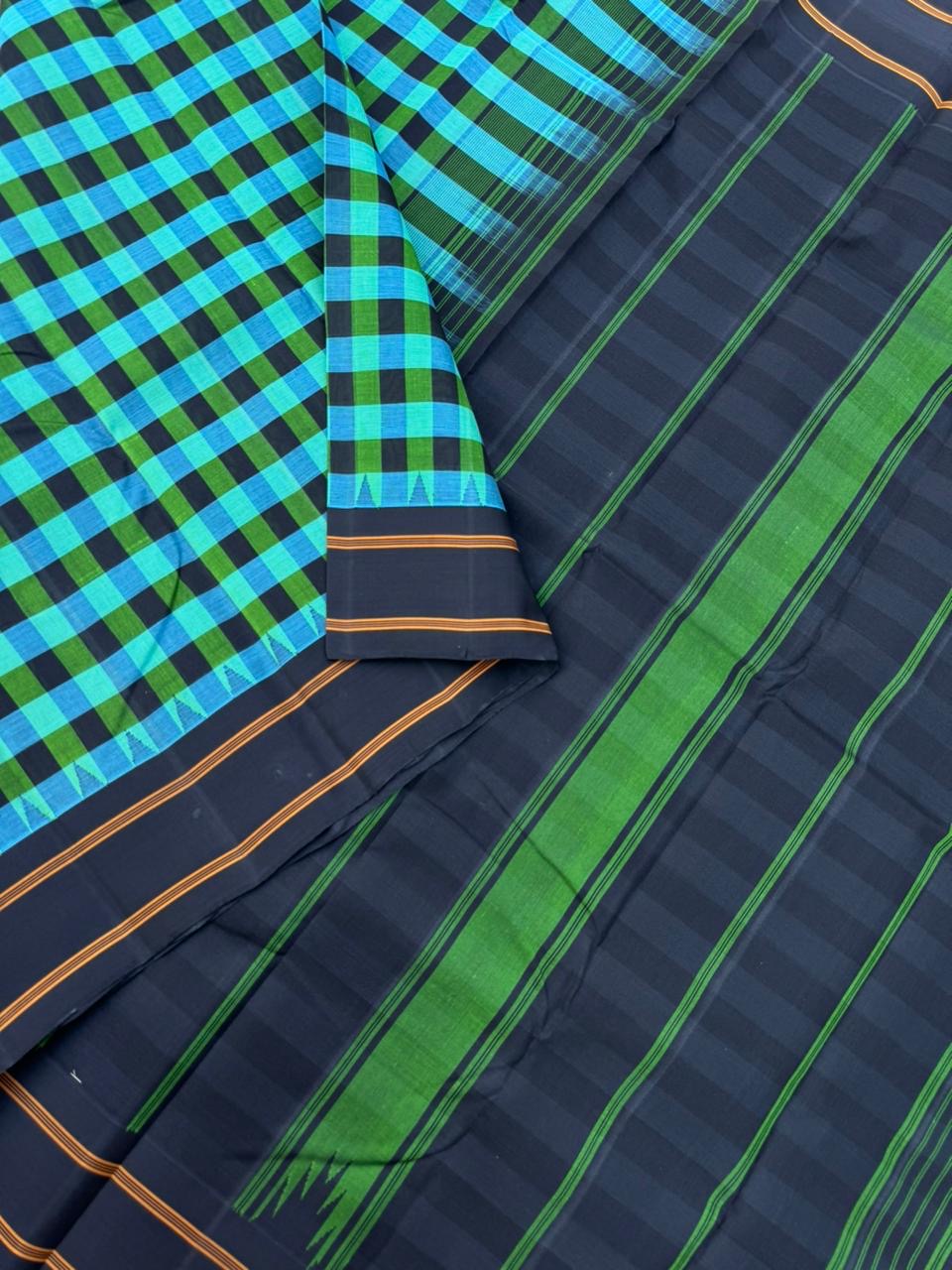 Signature Silk Cotton - Teal green and black kattam