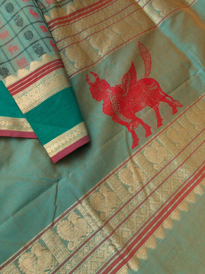 Woven Motifs Silk Cottons - stunning English tone 1000 buttas with kamadhenu woven pallu