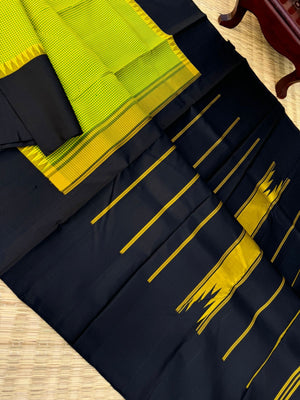 Rarest Korvai Kanchivaram - fresh green and yellow kottadi chex with jet black borders pallu and blouse