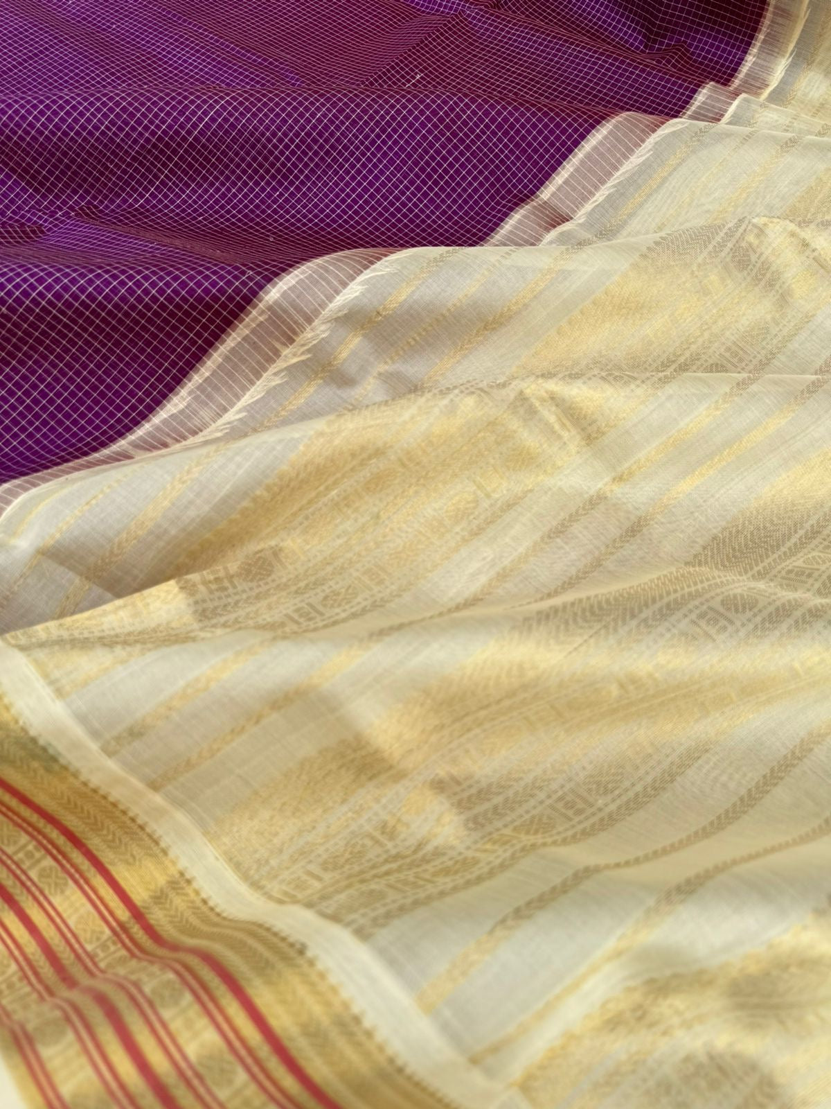 Korvai Silk Cottons - deep dark purple and off white with podi kattam woven body