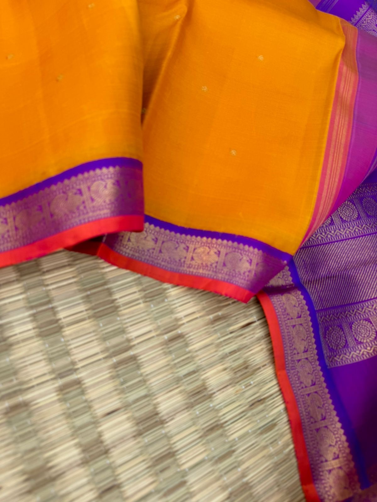 Kamakshi - Heirloom Korvai Kanchivaram - for people who love small borders in a classic vintage mustard and violet combination