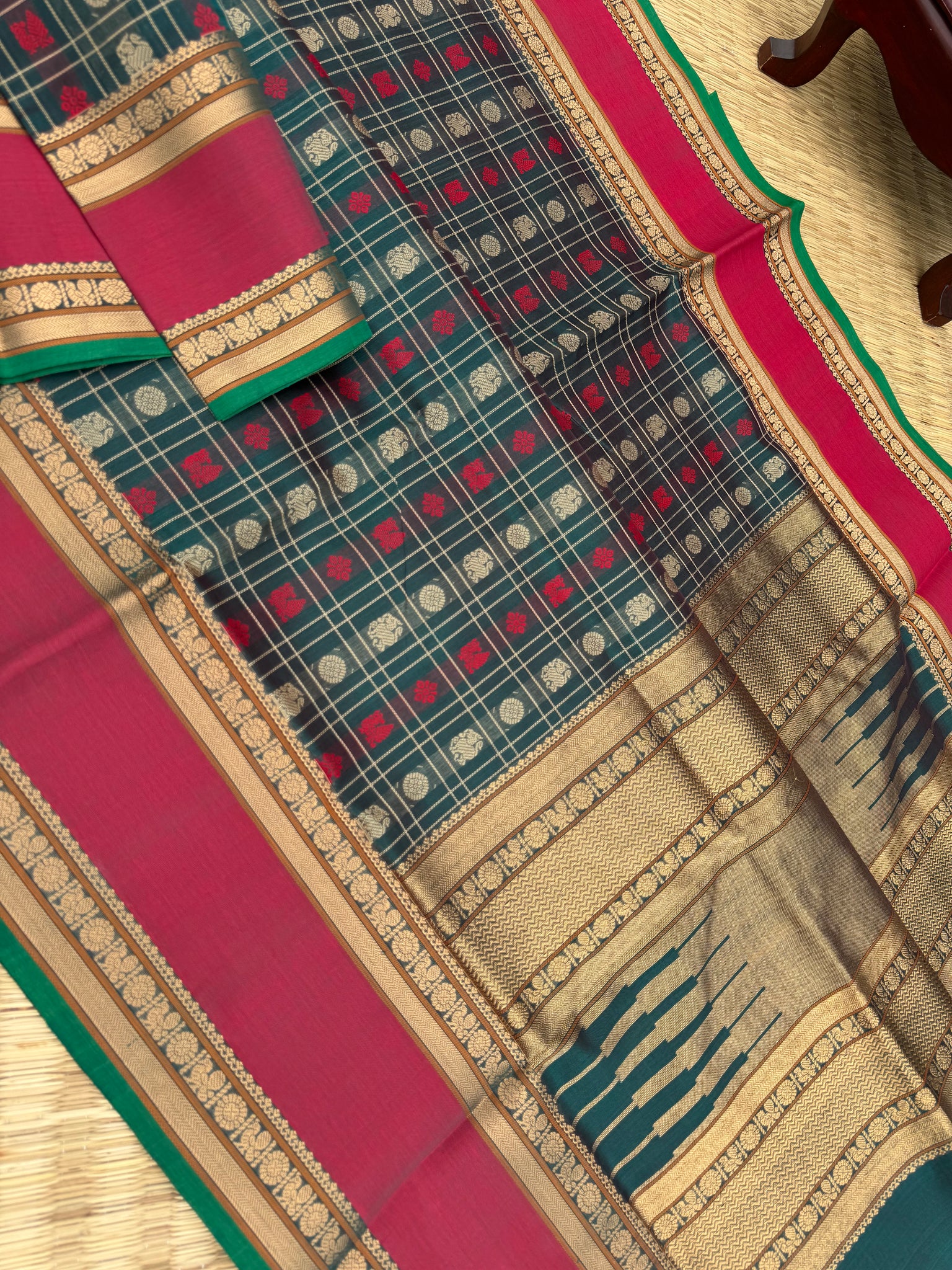 Woven Motifs Silk Cotton - a forest green 1000 buttas