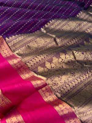 Woven Motifs Silk Cotton - deep purple lakshadeepam with ganga jammuna woven borders