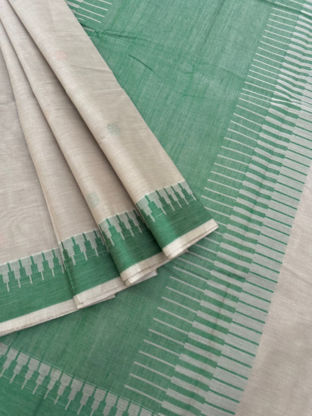 Corporate Style Mangalavastaram - beige and green temple borders