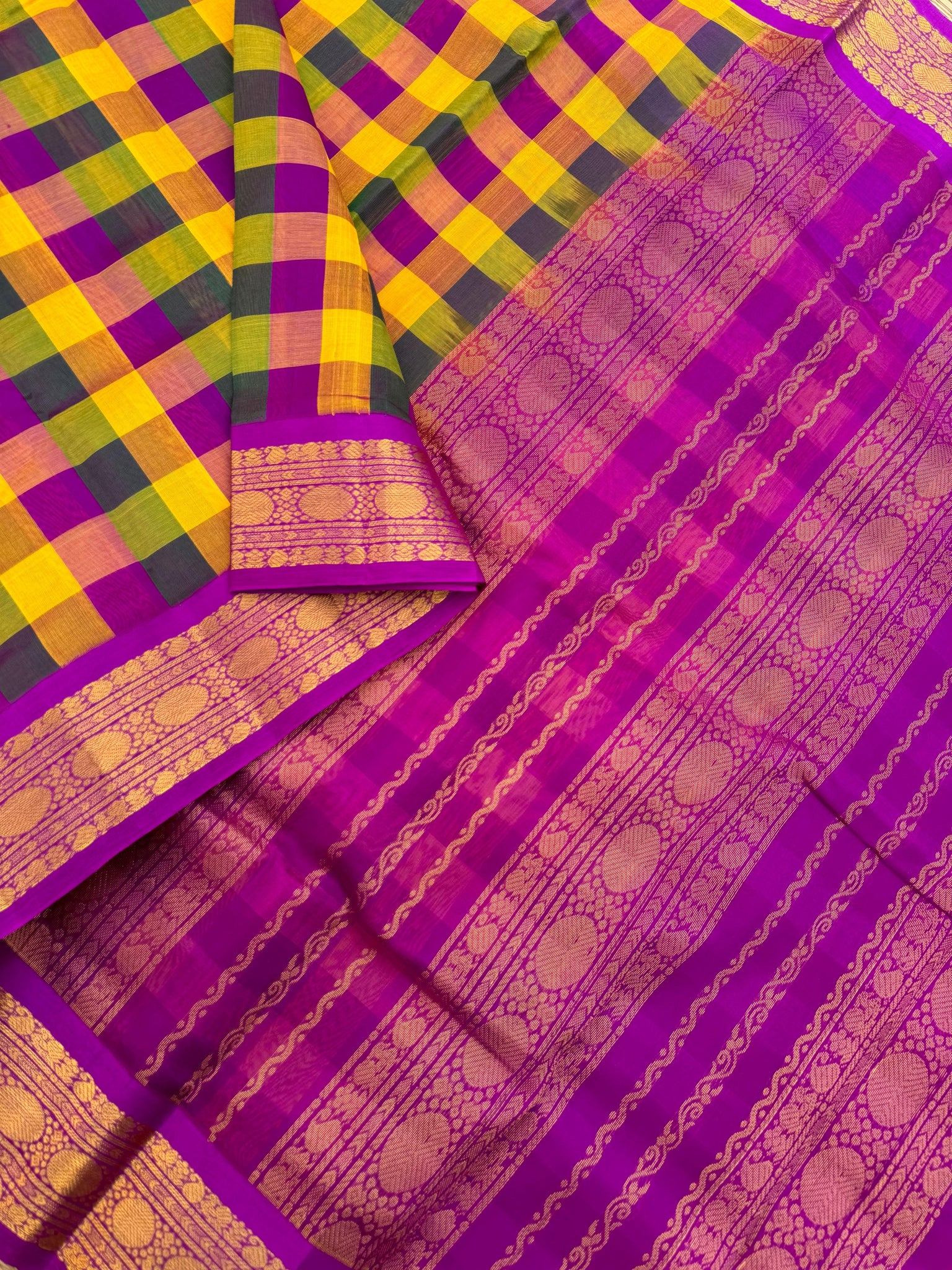 Korvai Silk Cottons - deep pink mustard and green paalum palamum chex