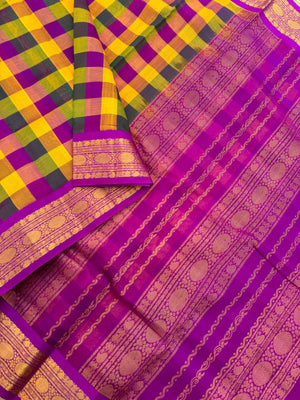 Korvai Silk Cottons - deep pink mustard and green paalum palamum chex