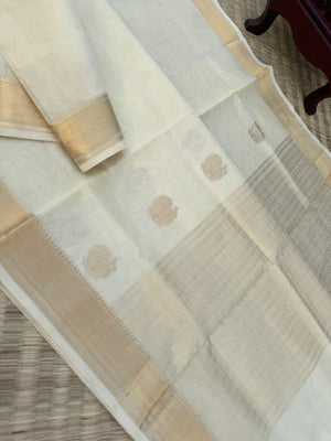 Pastels on Zari Kissed Silk Cotton - the most beautiful off white/cream and gold with annapakshi woven buttas