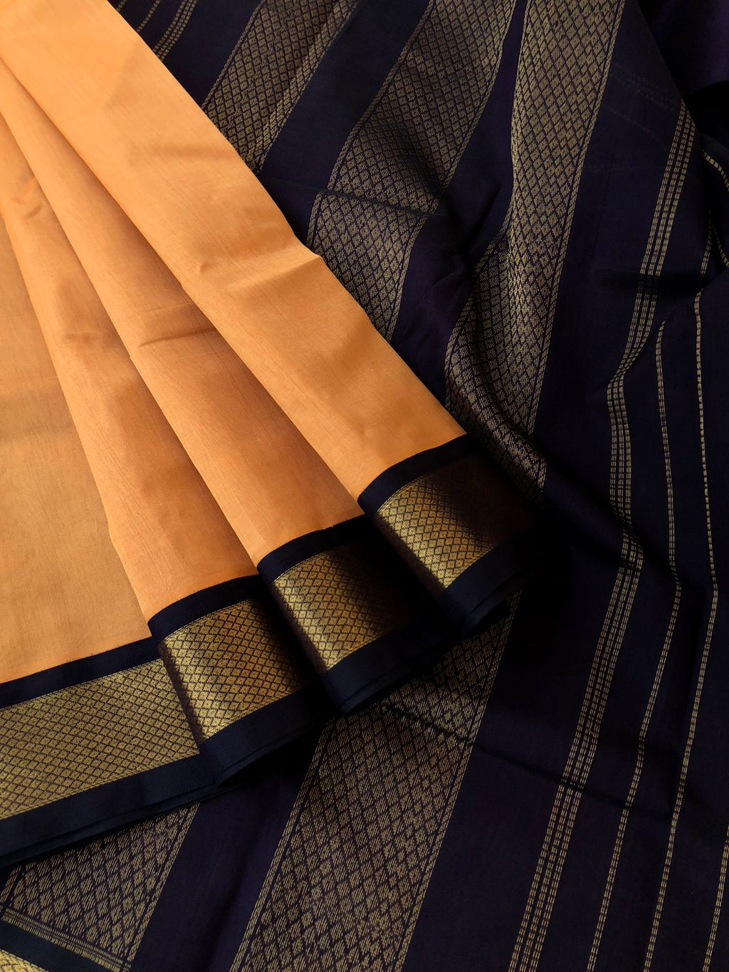 Korvai Silk Cottons - pale apricot and mid night blue black