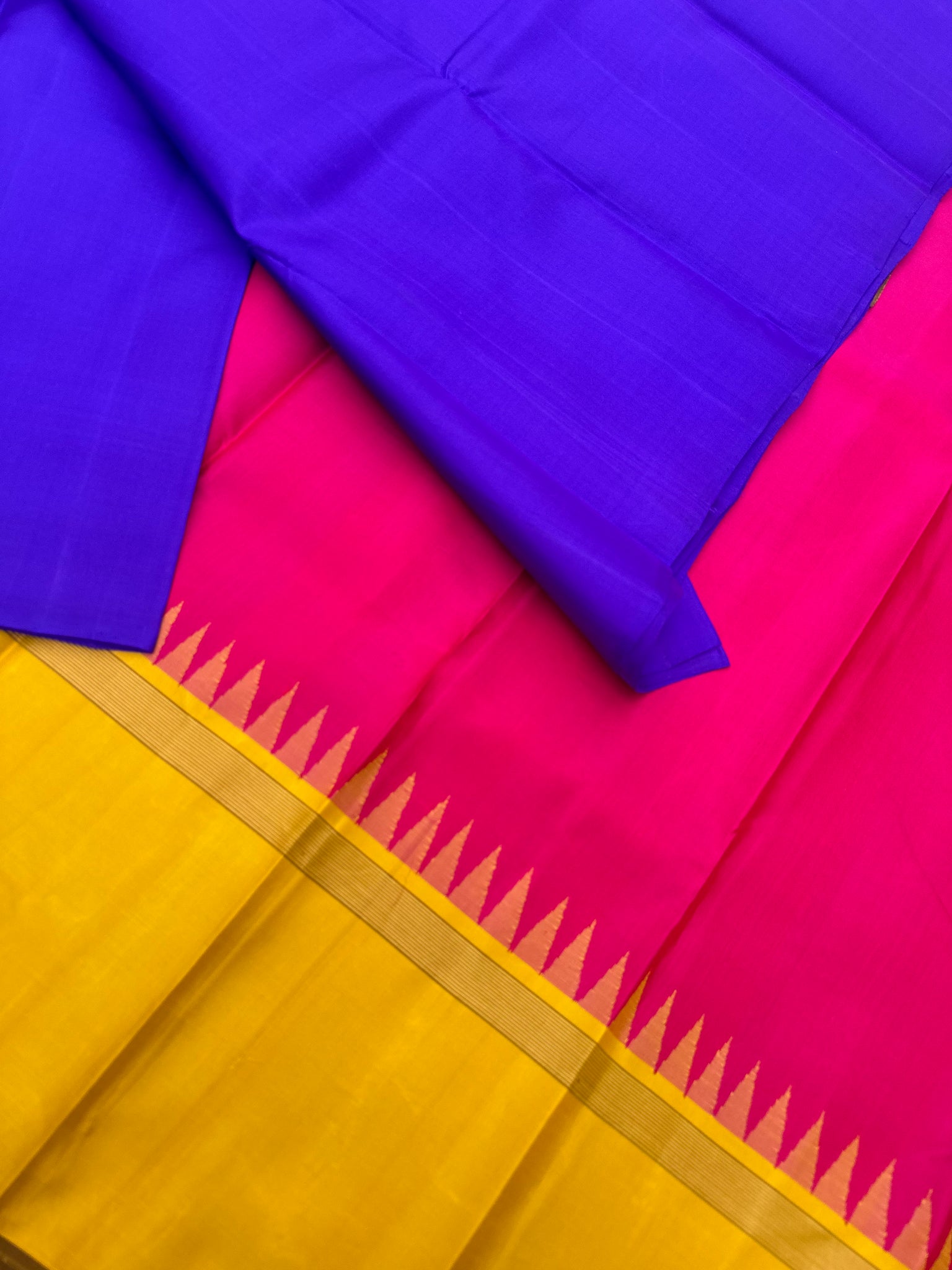 Niram - Celebrating of Full Plain Kanchivaram Silks Paired with Beautiful Blouses - stunning violet blue saree paired with rani pink and mustard Korvai Kanchivaram silk blouse
