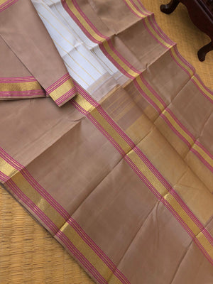 Leela - Limited Edition of Kanchivarams - gorgeous smart classy ivory and beige for people who love broad borders with gold chain stripes woven body