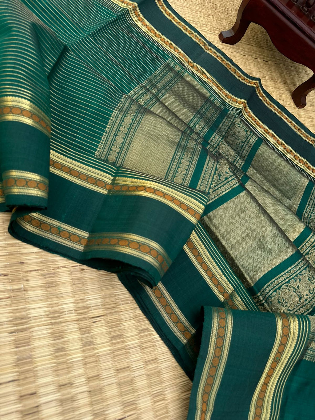 Dark Edition on Zari Kissed Silk Cotton - deep dark meenakshi green oosi strips woven