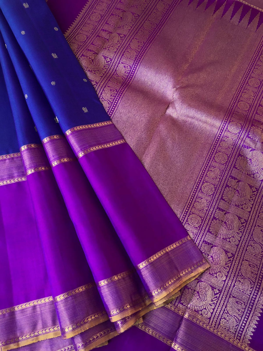 Leela - Limited Edition of Kanchivarams - the best of peacock blue and violet with broad woven retta pett borders and classy pallu